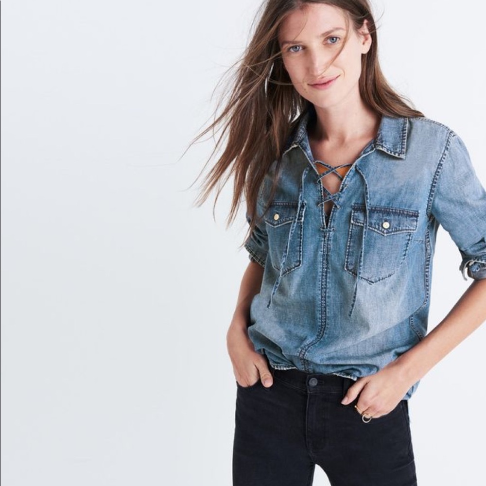 Madewell Western Style Lace-up Denim Shirt Blouse